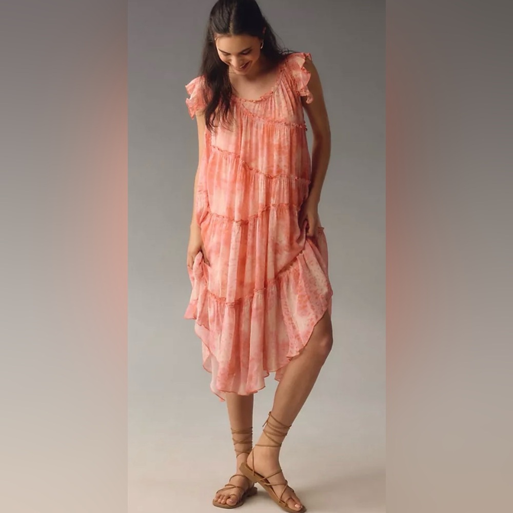 Anthropologie Pink Tie Dye Asymmetric Midi Dress Ruffle Sleeve Boho Flowy NWT
